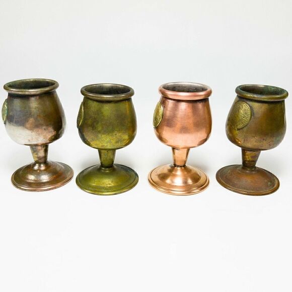 VINTAGE COPPER SET 4/6 CORDIAL SHOT GLASSES GOBLET TRAY MAYAN AZTEC CALENDAR - Picture 12 of 12